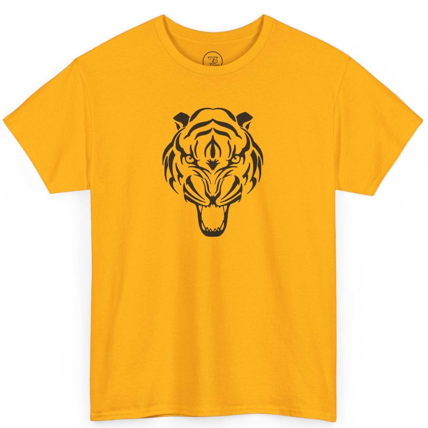 Front view of a gold fierce tiger head graphic tee highlighting the wild spirit animal art.