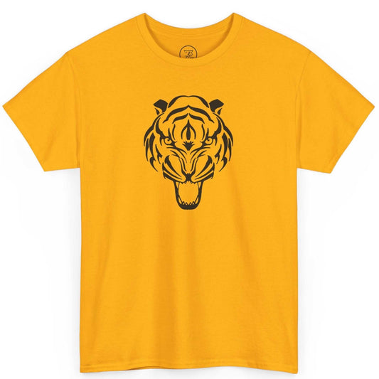 Front view of a gold fierce tiger head graphic tee highlighting the wild spirit animal art.