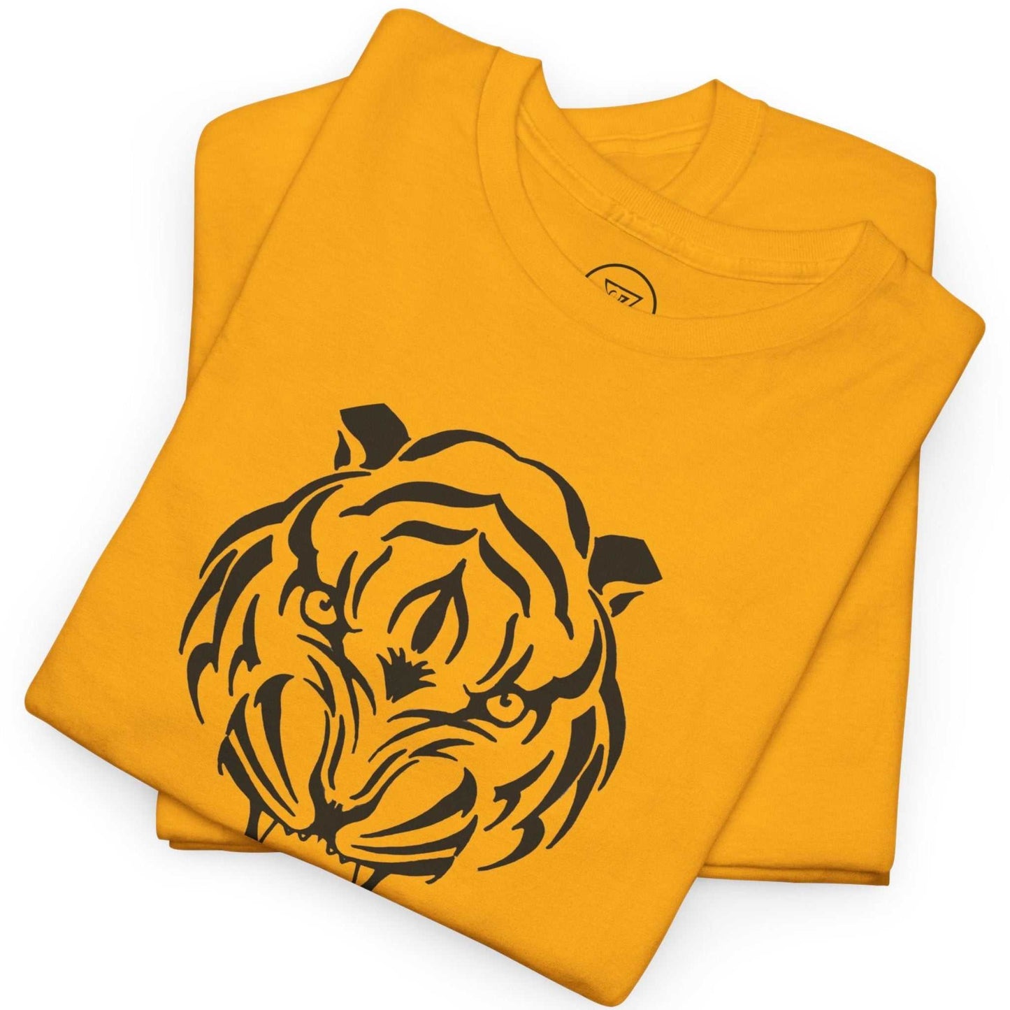 Neatly folded gold fierce tiger streetwear top showing the thick premium fabric.