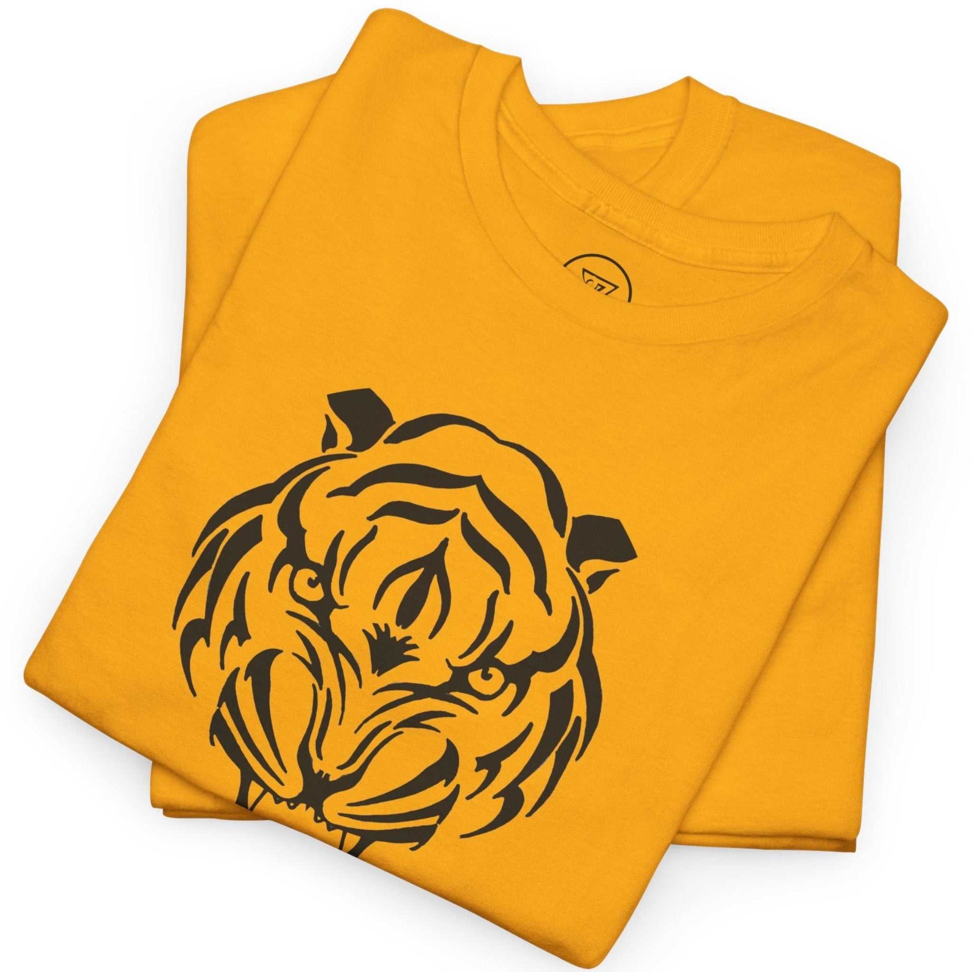 Neatly folded gold fierce tiger streetwear top showing the thick premium fabric.