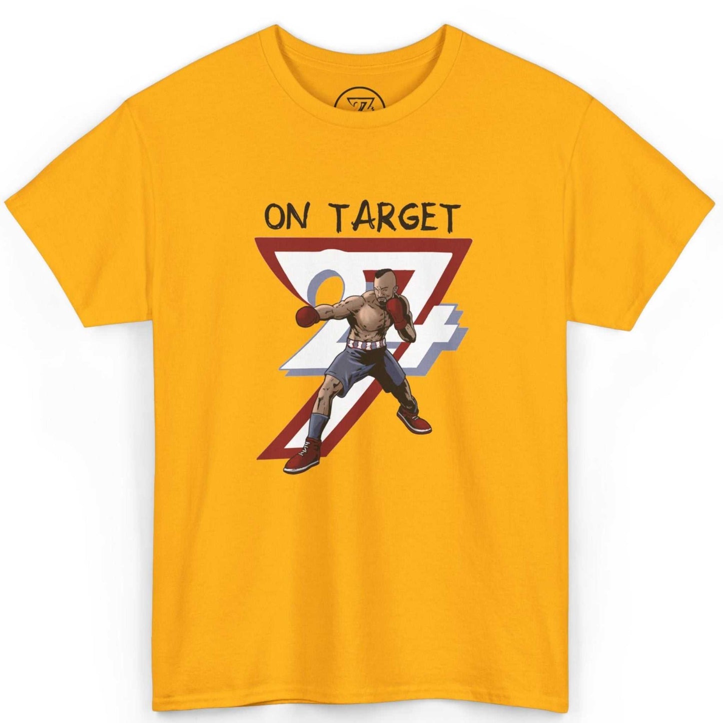 Front view of a vibrant gold fight night shirt featuring the 24/7 boxer illustration, laid flat on a clean background.