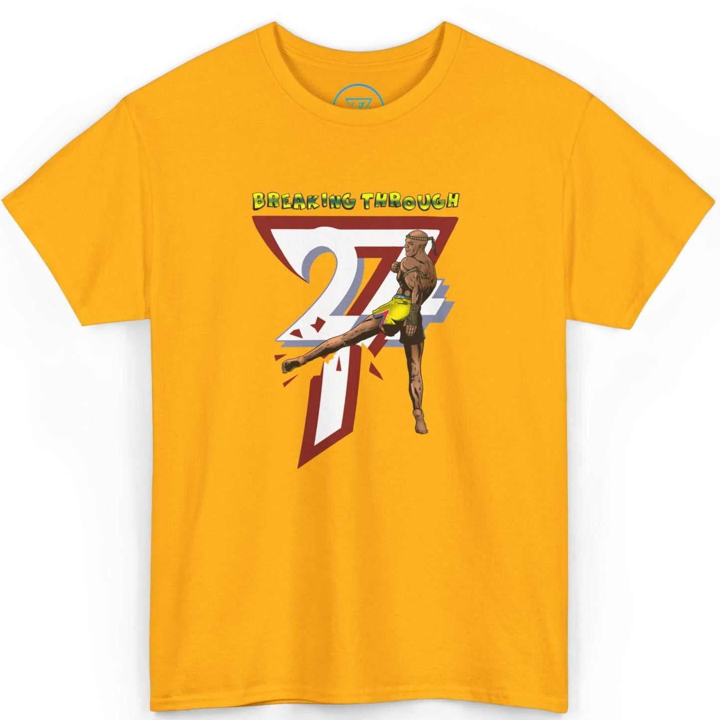Front view of a bold gold fighting lifestyle apparel shirt displaying the unbreakable spirit motif, laid flat.