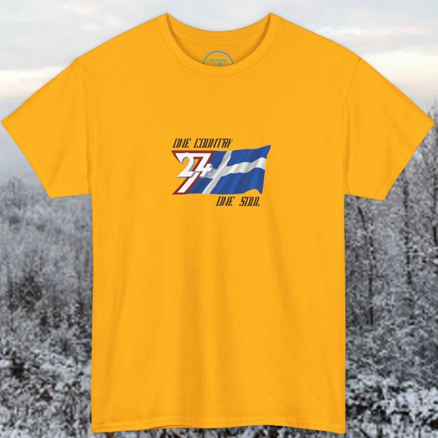 Premium Gold Finland flag graphic tee showing the refined hand-drawn design and "One Country One Soul" slogan.