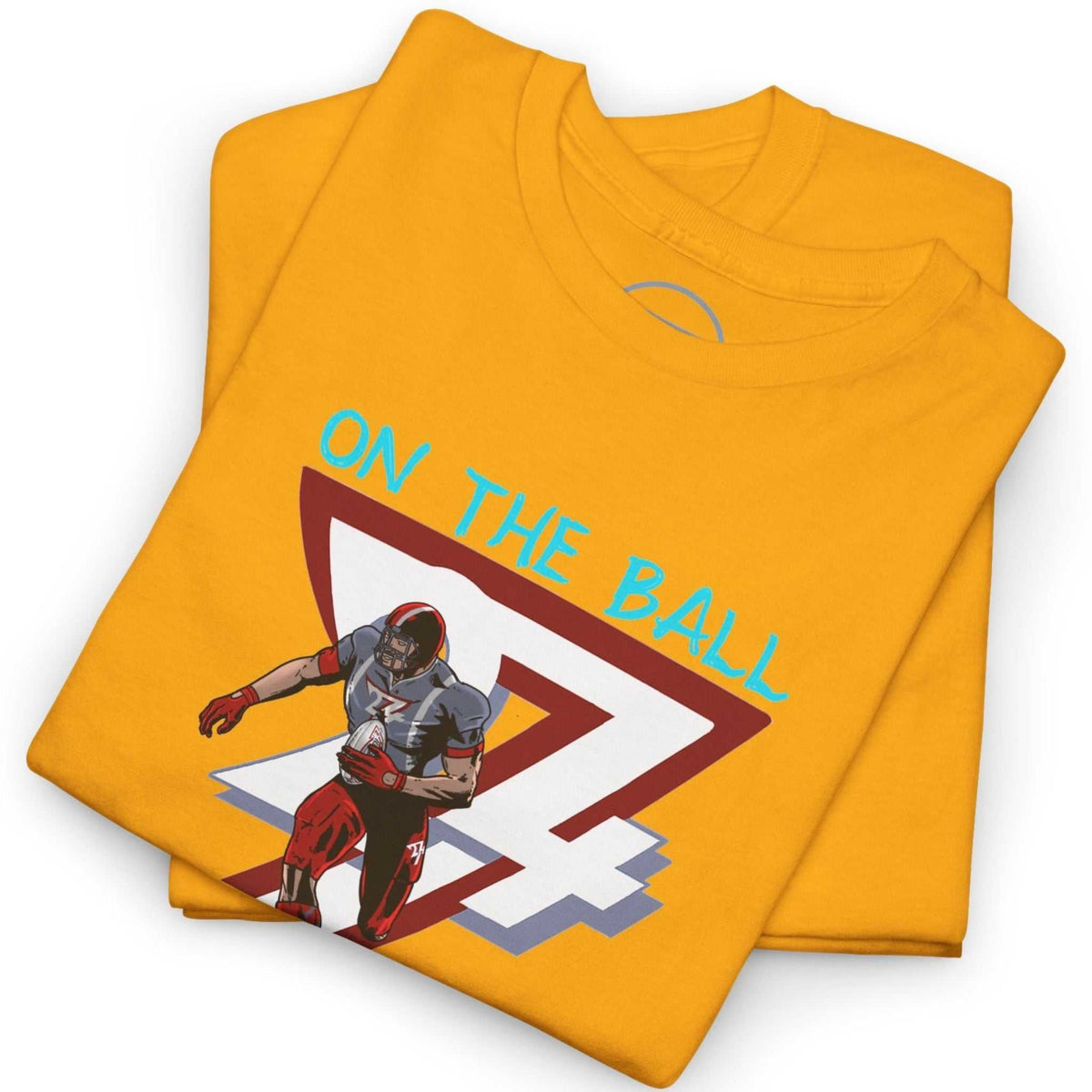 Neatly folded gold football fan gift shirt highlighting the crisp digital front print and durable fabric, laid flat.