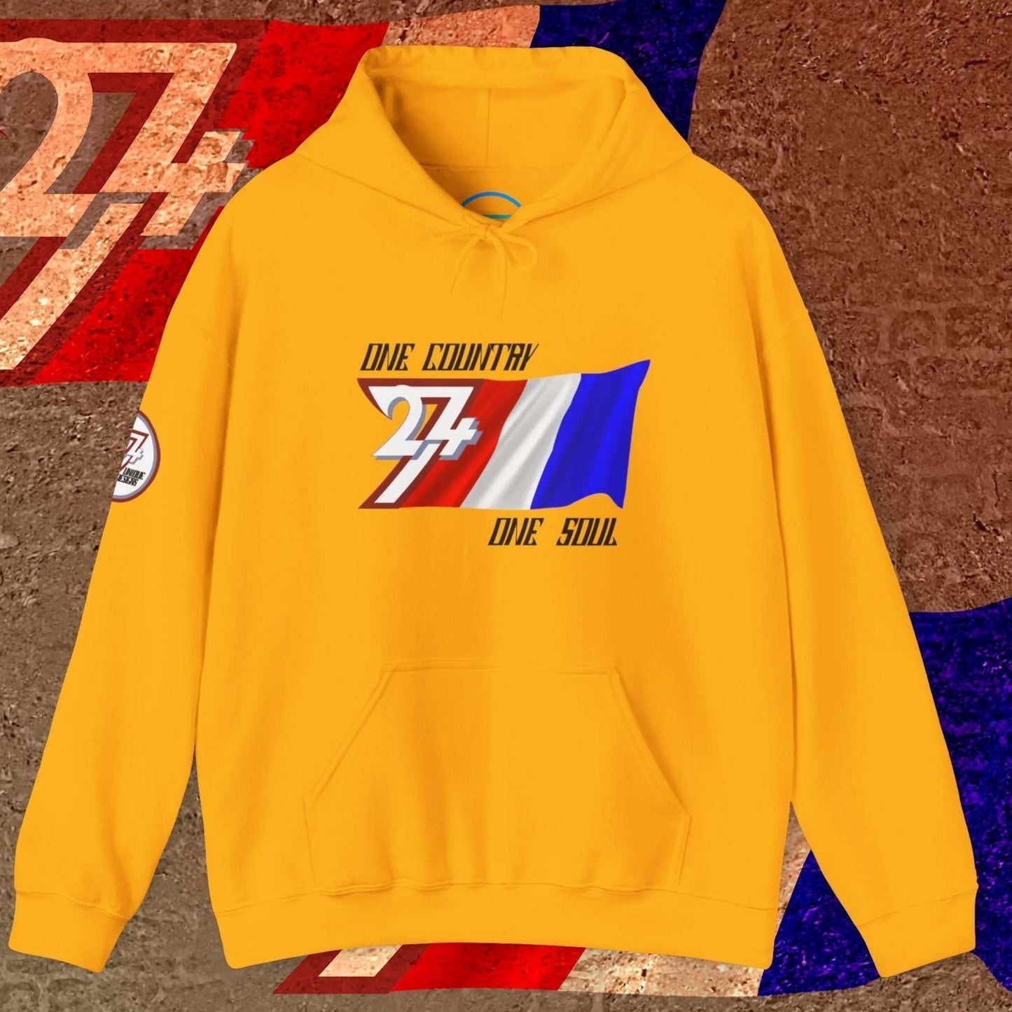 Luxury-style Gold France hoodie featuring the hand-drawn national symbol and "One Country One Soul" text.