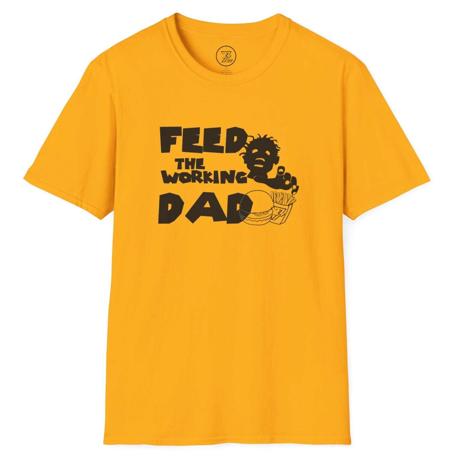 Gold funny dad humor graphic tee highlighting the burger and fries art, laid flat.