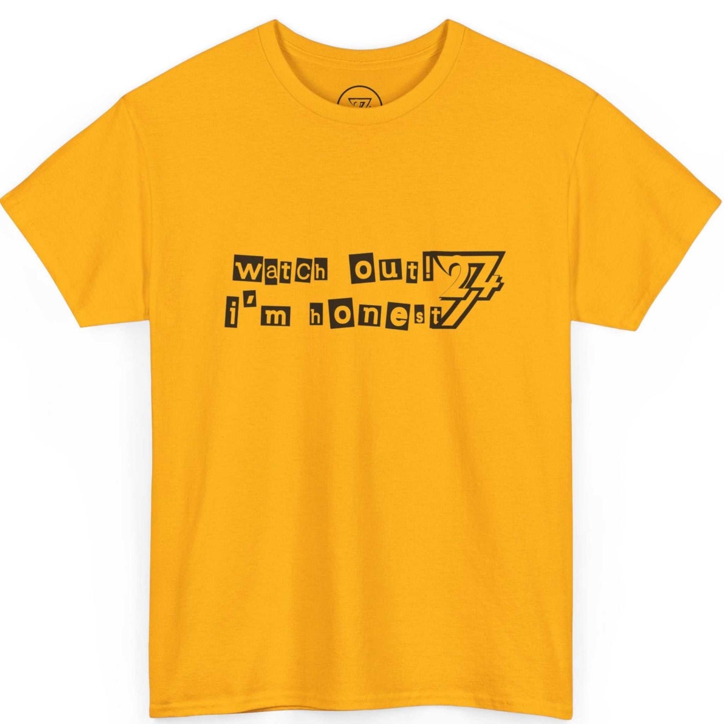 Front view of a gold funny graphic tee for friends and family gifts.
