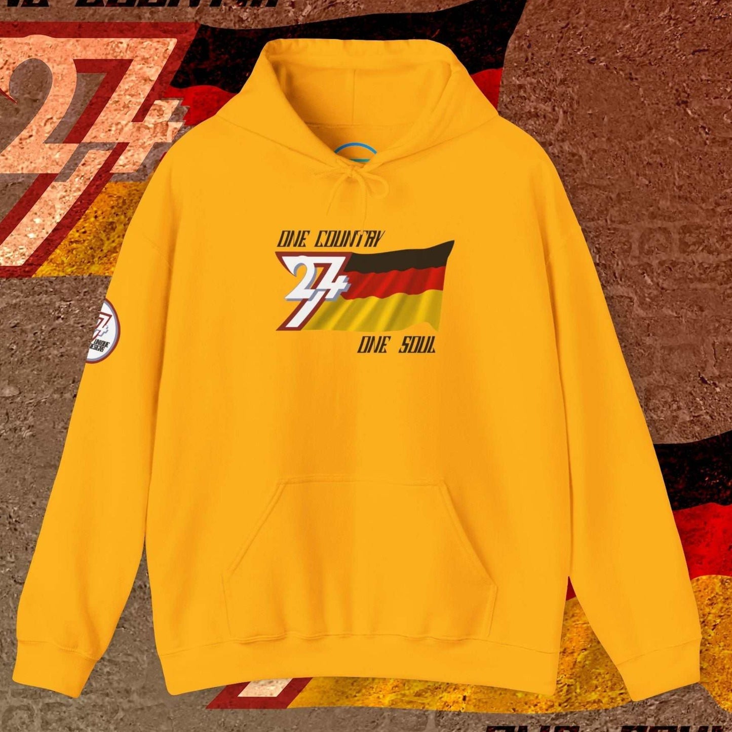 Luxury Gold Deutschland "Axis" hoodie, complete with the 24/7 trademark logo on the right sleeve.
