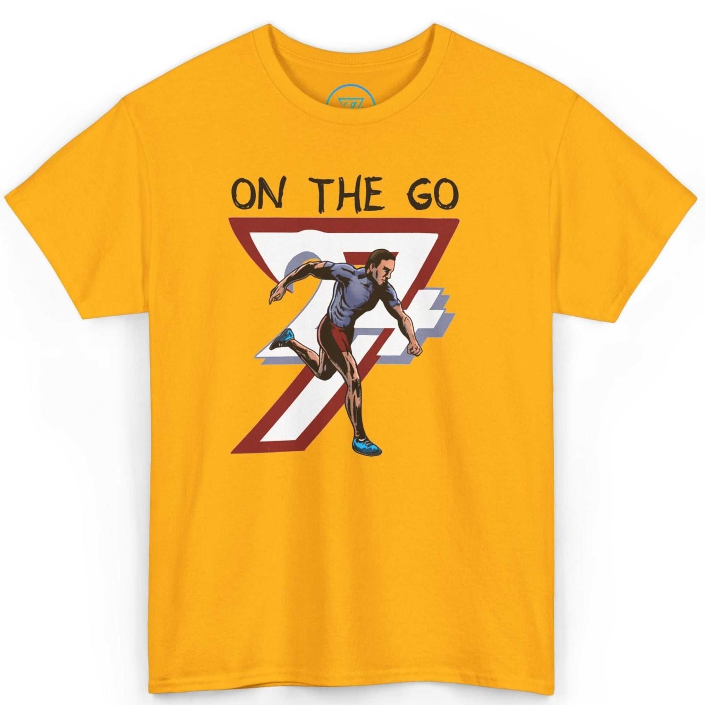 Front view of a vibrant gold graphic running tee showcasing the energetic comic-style illustration, displayed on a clean background.