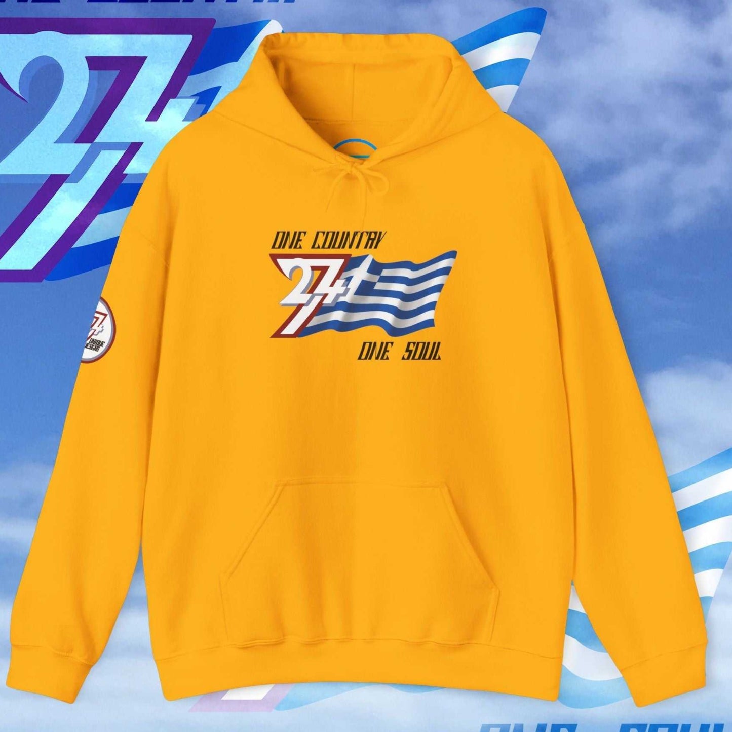 Luxury-style Gold hoodie with the hand-drawn Hellas "Epic" design, finished with 24/7 sleeve branding.