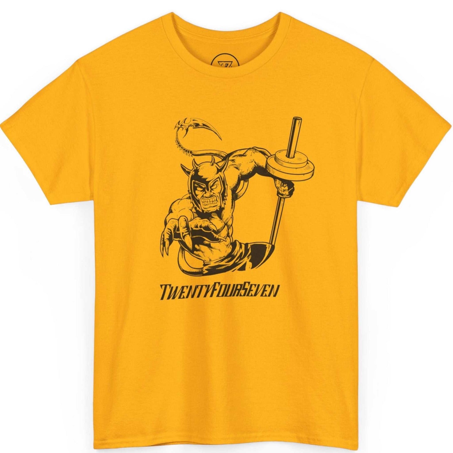 Front view of a bold gold hand-drawn fitness shirt displaying the colorful ALK comic artwork, shown on a clean background.