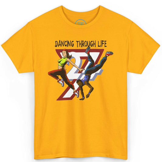 Front view of a vibrant gold hip-hop dance crew graphic tee featuring the hand-drawn Dancing Through Life art, displayed on a clean background.