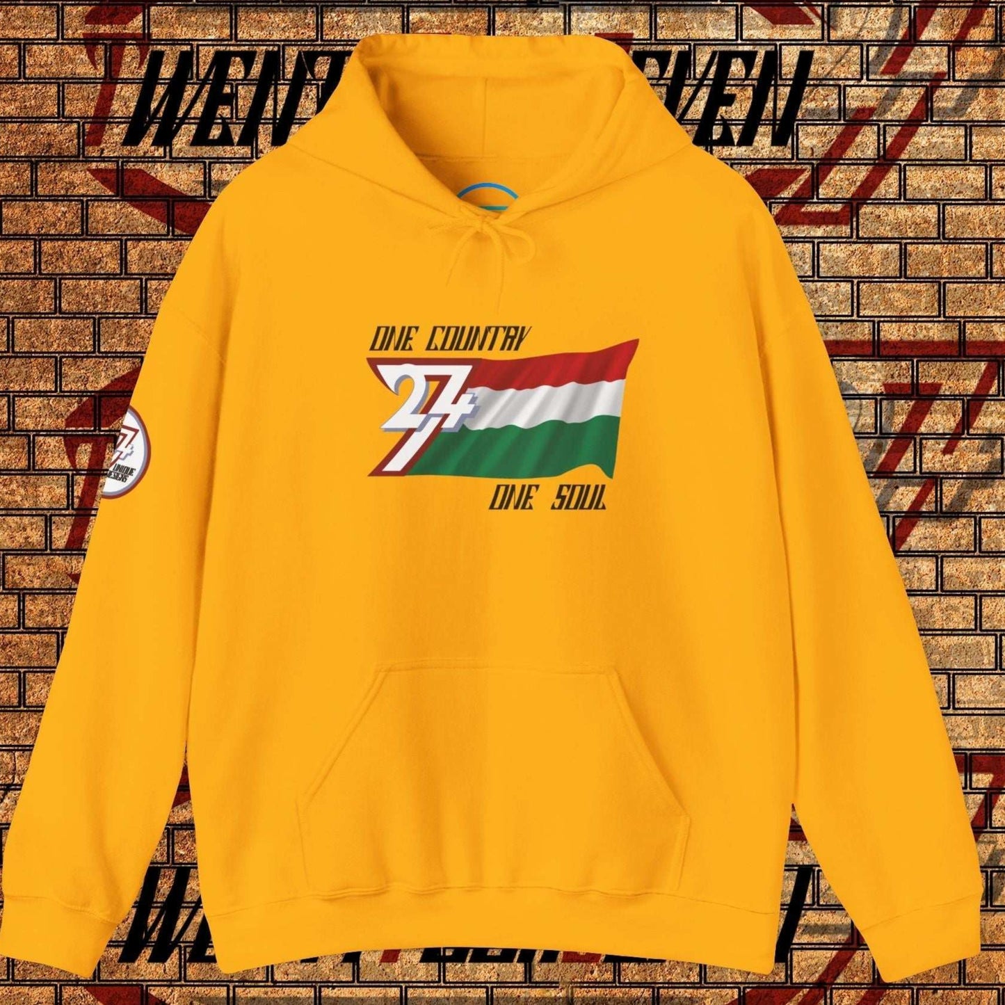 Front view of the Gold Magyarország flag hoodie featuring the refined artist-drawn design and motto.Vibrant Orange Hungary flag graphic hoodie showing the refined hand-drawn design and slogan.