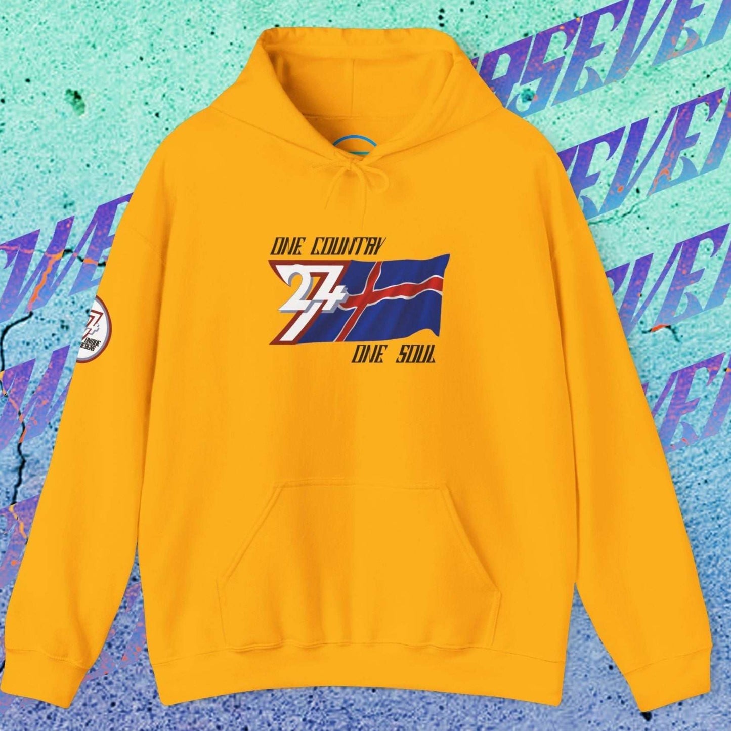 Front view of the Gold Ísland flag hoodie featuring the refined artist-drawn design and motto.