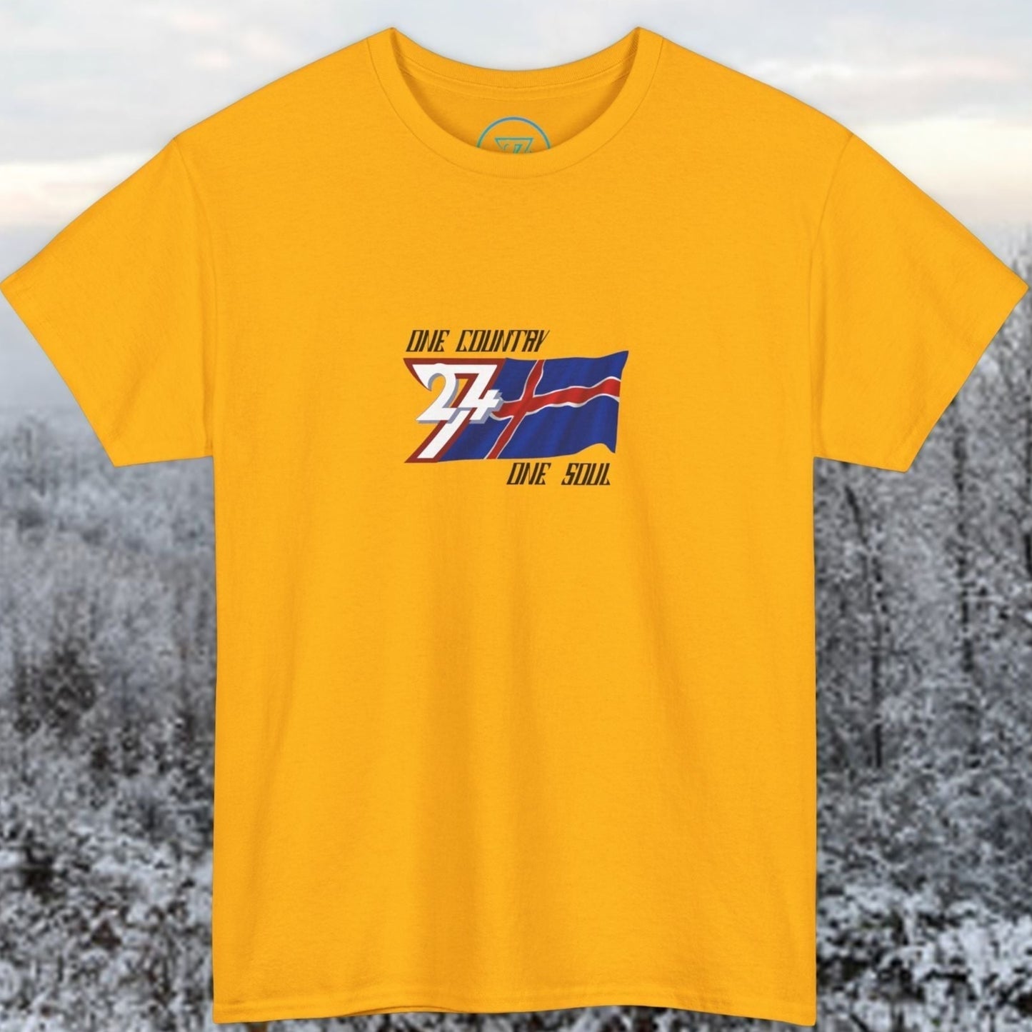 Premium Gold Iceland flag graphic tee showing the refined hand-drawn design.
