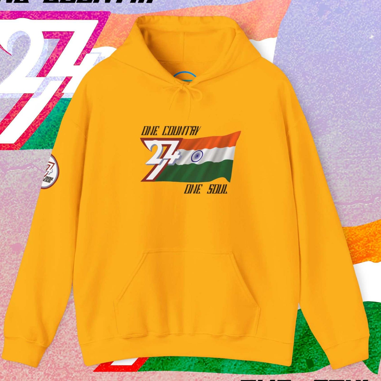 Front view of the Gold Bharat flag hoodie featuring the refined artist-drawn design and motto.
