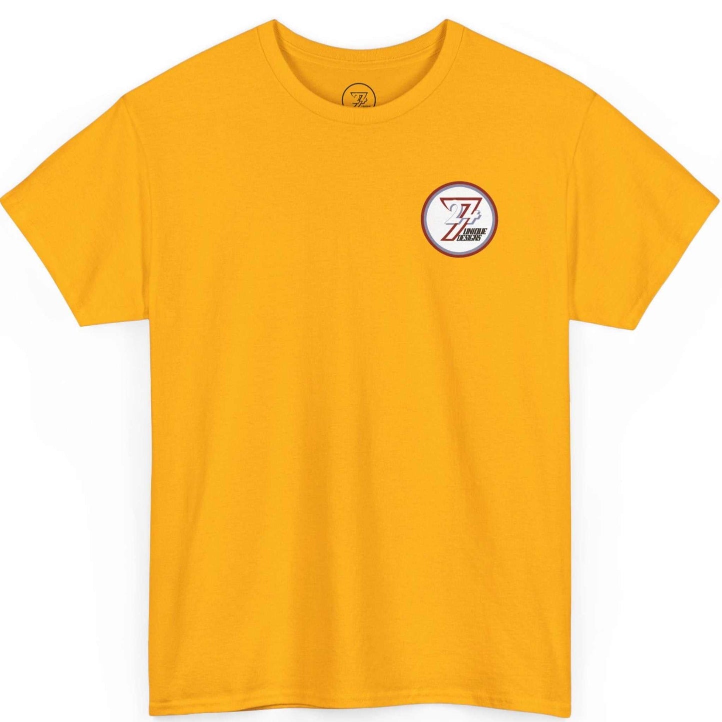 Front view of a gold indie comic book shirt displaying the minimalist front chest emblem, laid flat.
