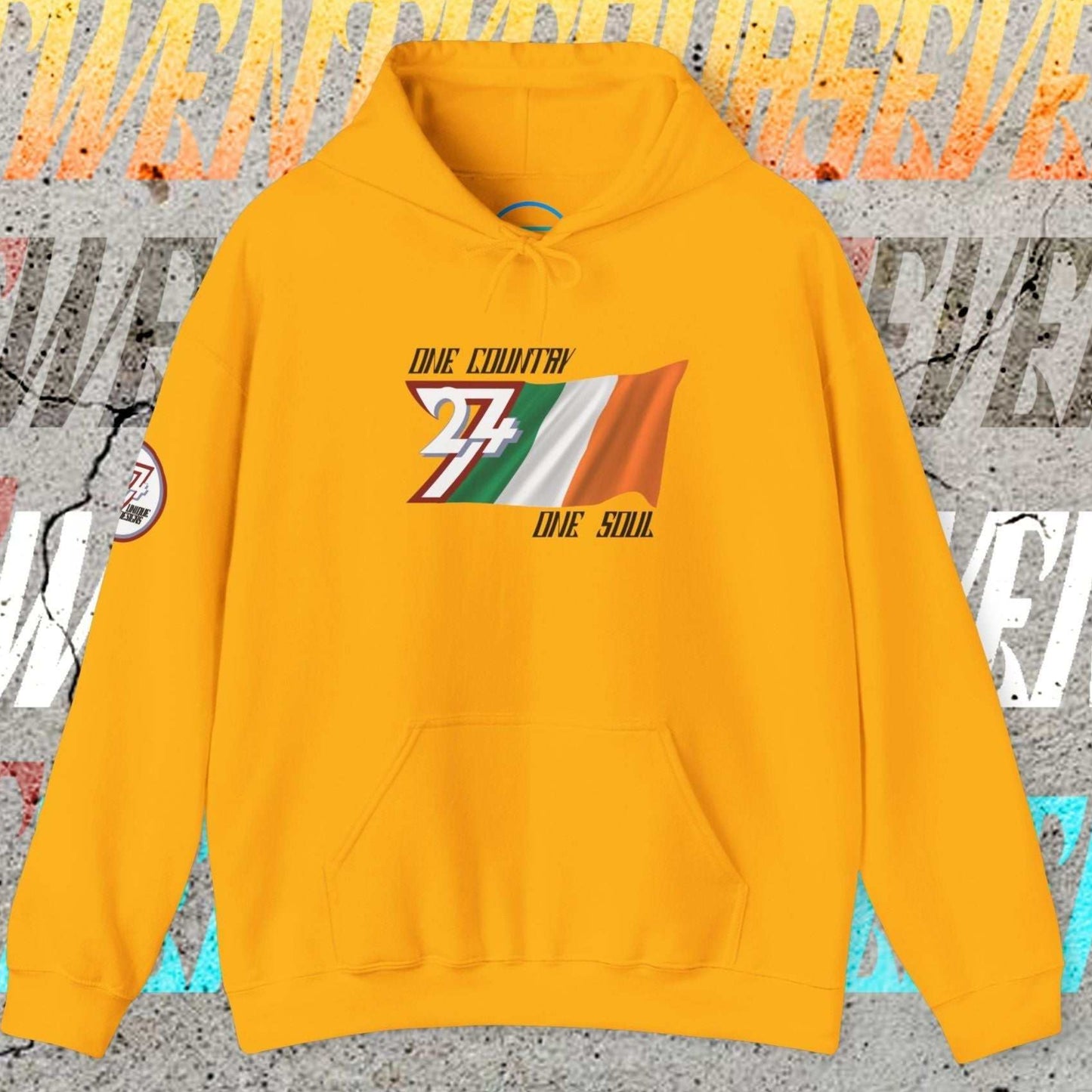 Front view of the Gold Éire flag hoodie featuring the refined artist-drawn design and motto.