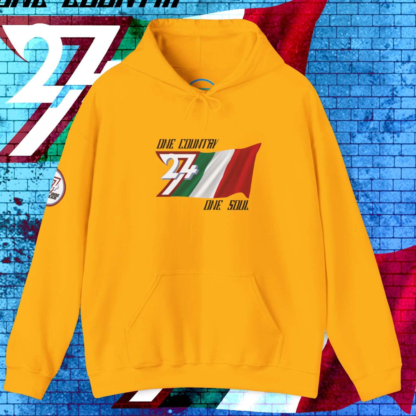 Front view of the Gold Italia flag hoodie featuring the refined artist-drawn design and motto.