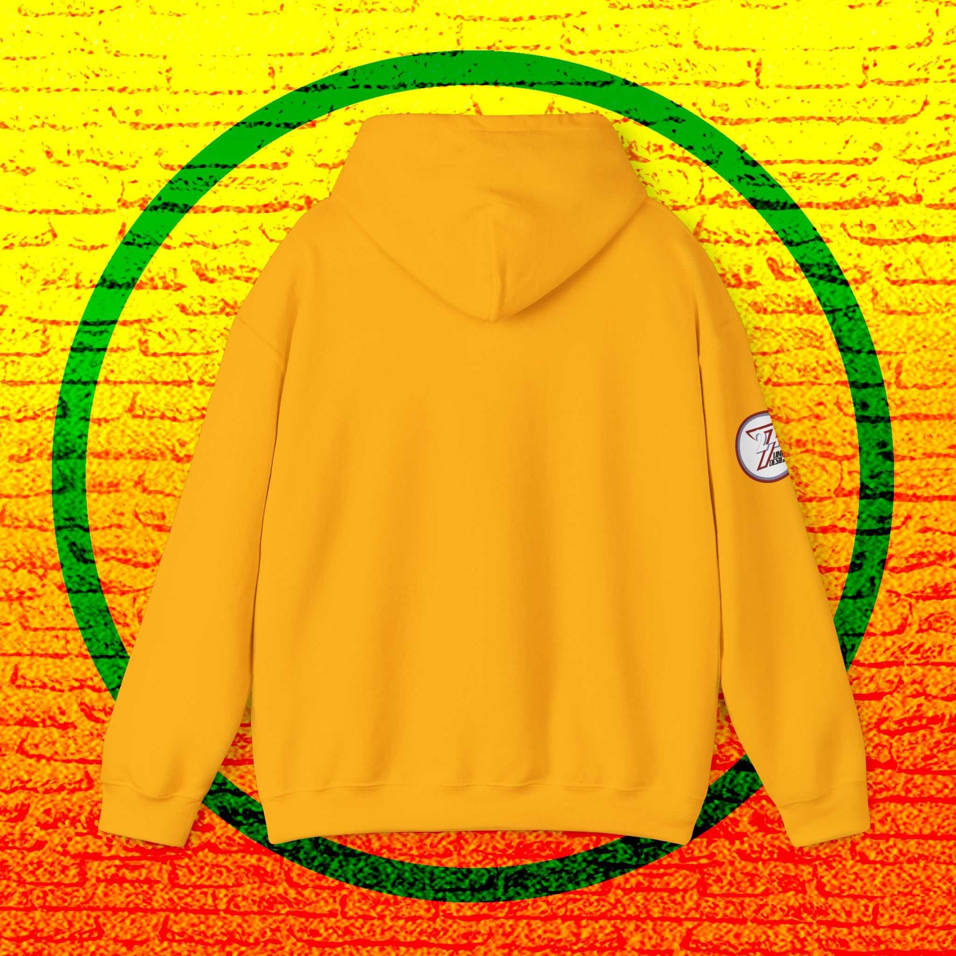 Rear perspective of the Jamaica flag hoodie showing the clean, unprinted back and double-lined hood detail.