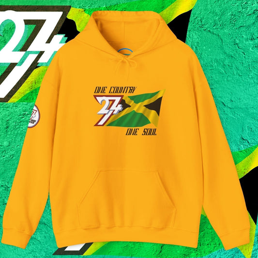 Front view of the Gold Jamaica flag hoodie featuring the refined artist-drawn design and motto.