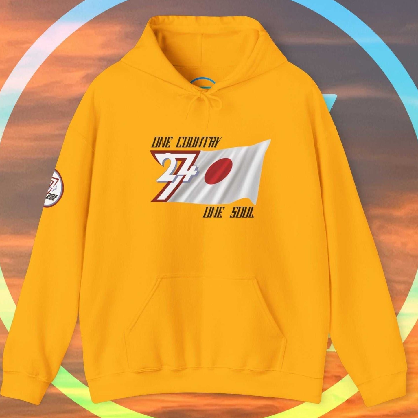 Front view of the Gold Nihon flag hoodie featuring the refined artist-drawn design and motto.