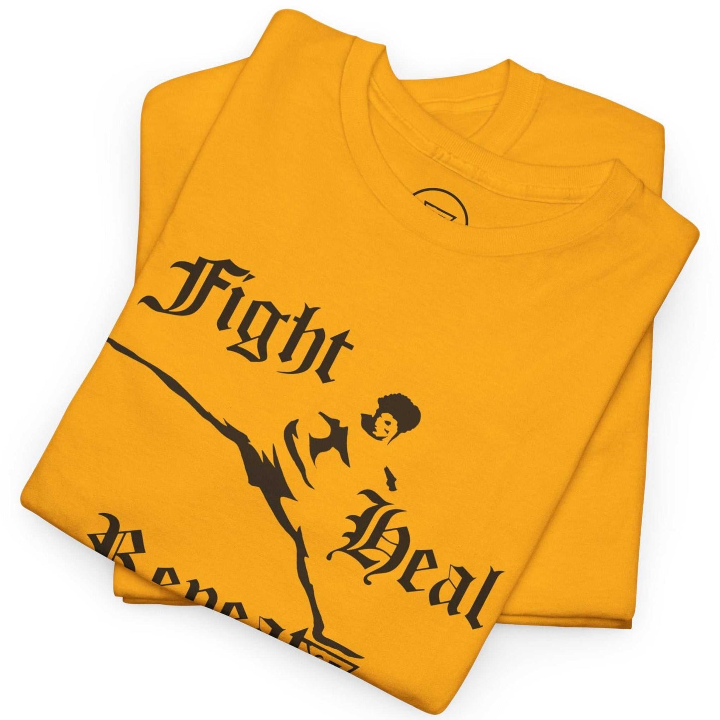 Neatly folded gold K1 training shirt highlighting the crisp black kickboxing graphic and premium cotton fabric, laid flat.