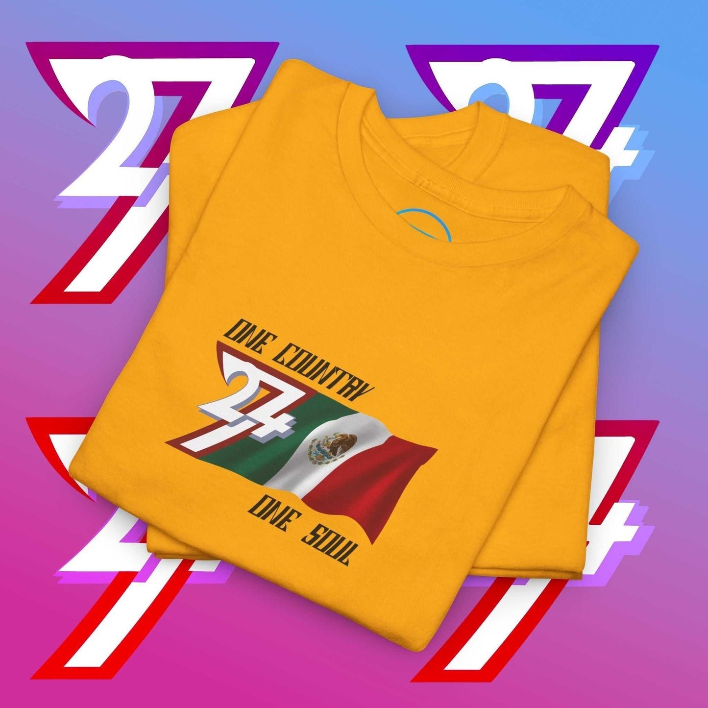 A professional display of the Mexico flag t-shirt in Beige, folded to showcase the refined hand-drawn graphic and high-quality fabric finish.
