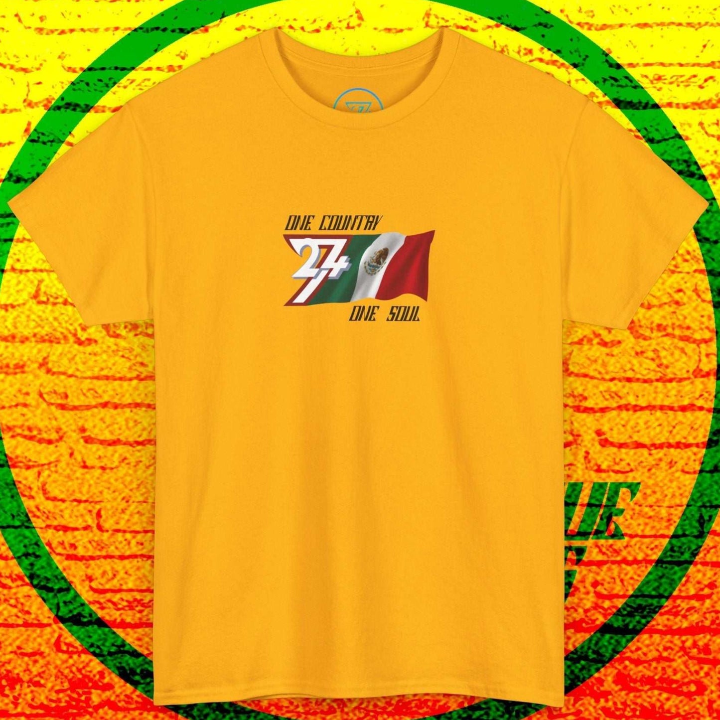 Premium Gold Mexico flag graphic tee showing the refined hand-drawn design.