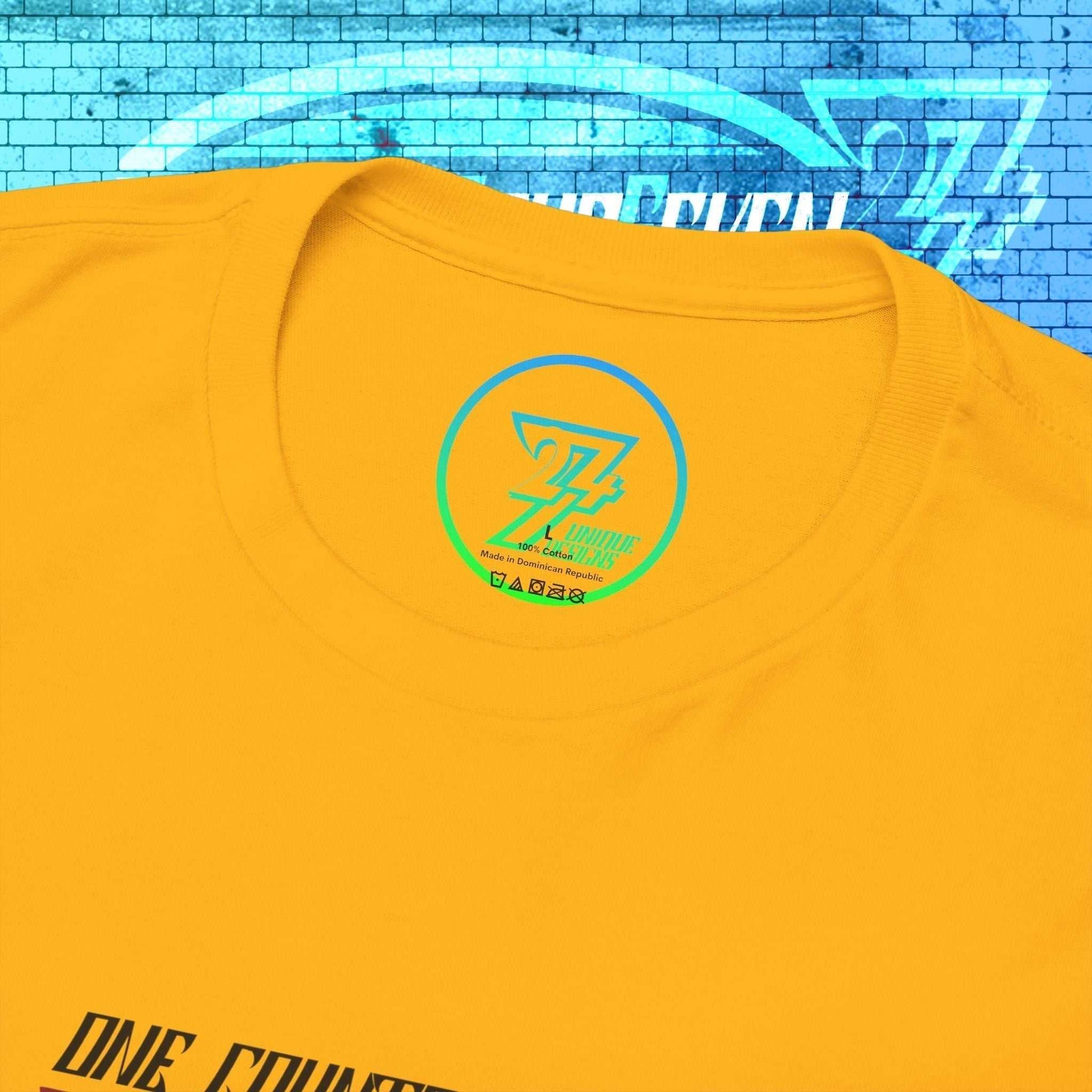 Macro close-up of the inner neck label showing the authentic 24/7 Unique Designs™ trademark logo on the Mexico flag tee.