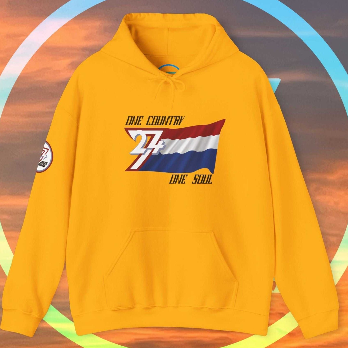 Front view of the Gold Nederland flag hoodie featuring the refined artist-drawn design and motto.