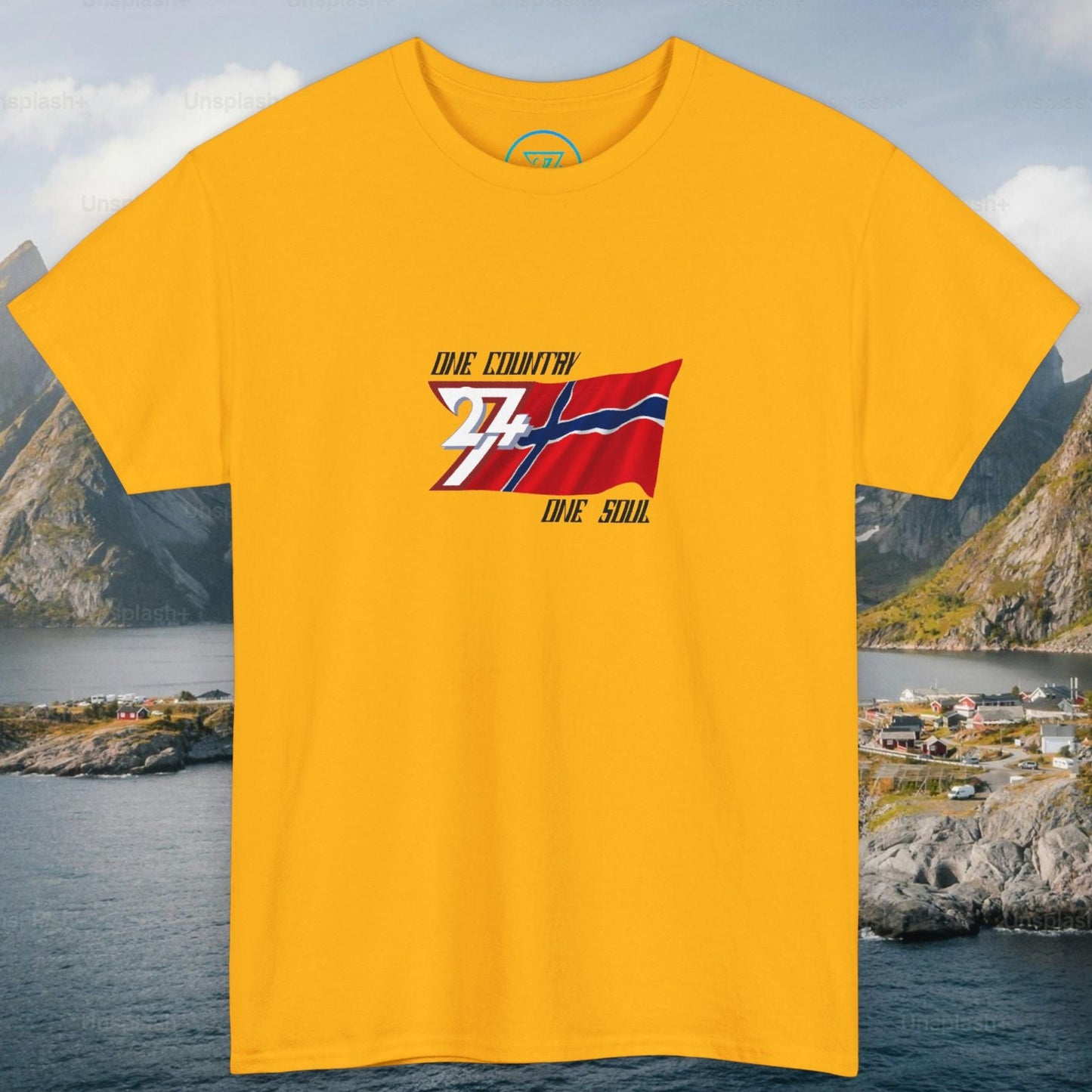 Gold graphic t-shirt featuring a digitally hand-drawn Norway flag design.