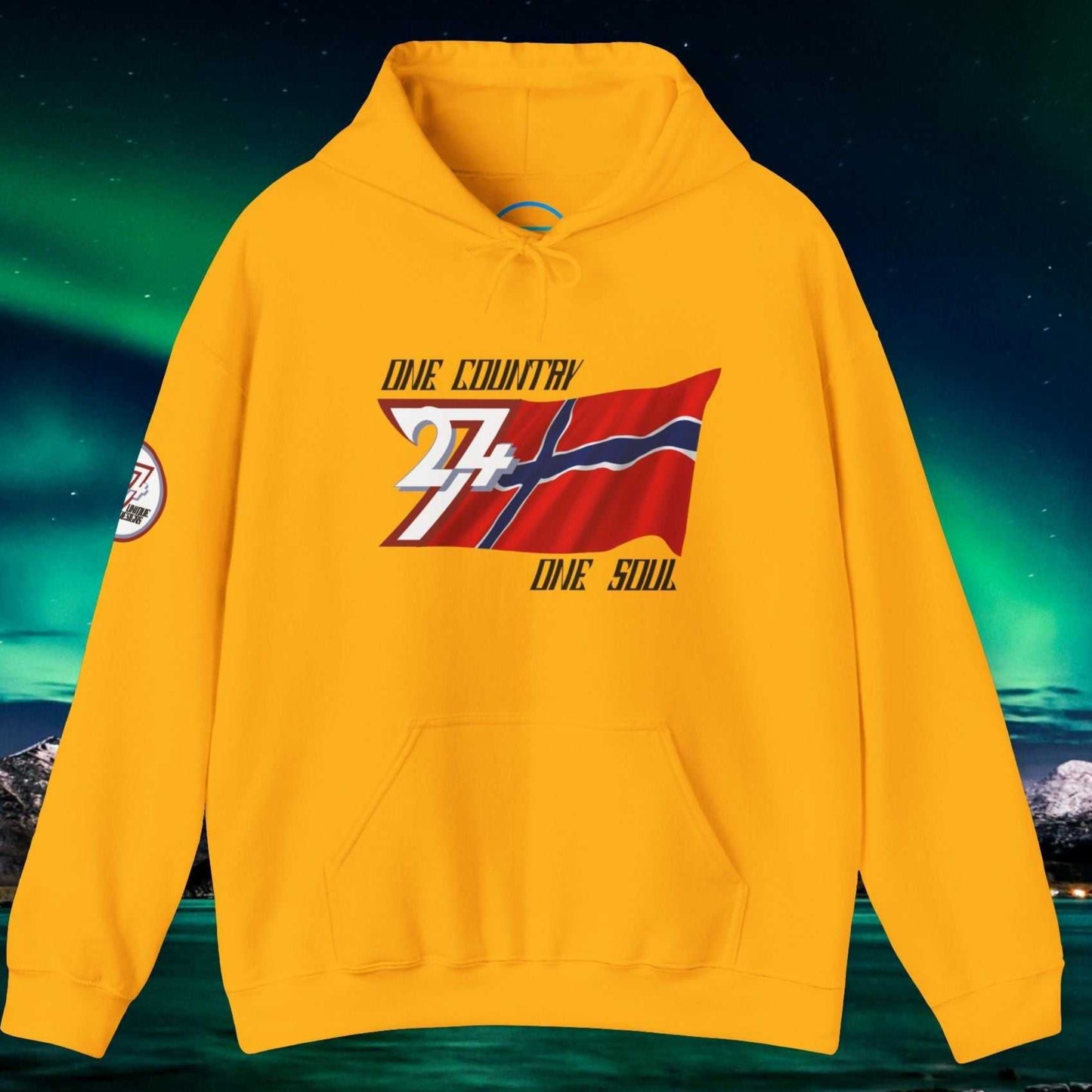 Front view of the Gold Norge flag hoodie featuring the refined artist-drawn design and motto.