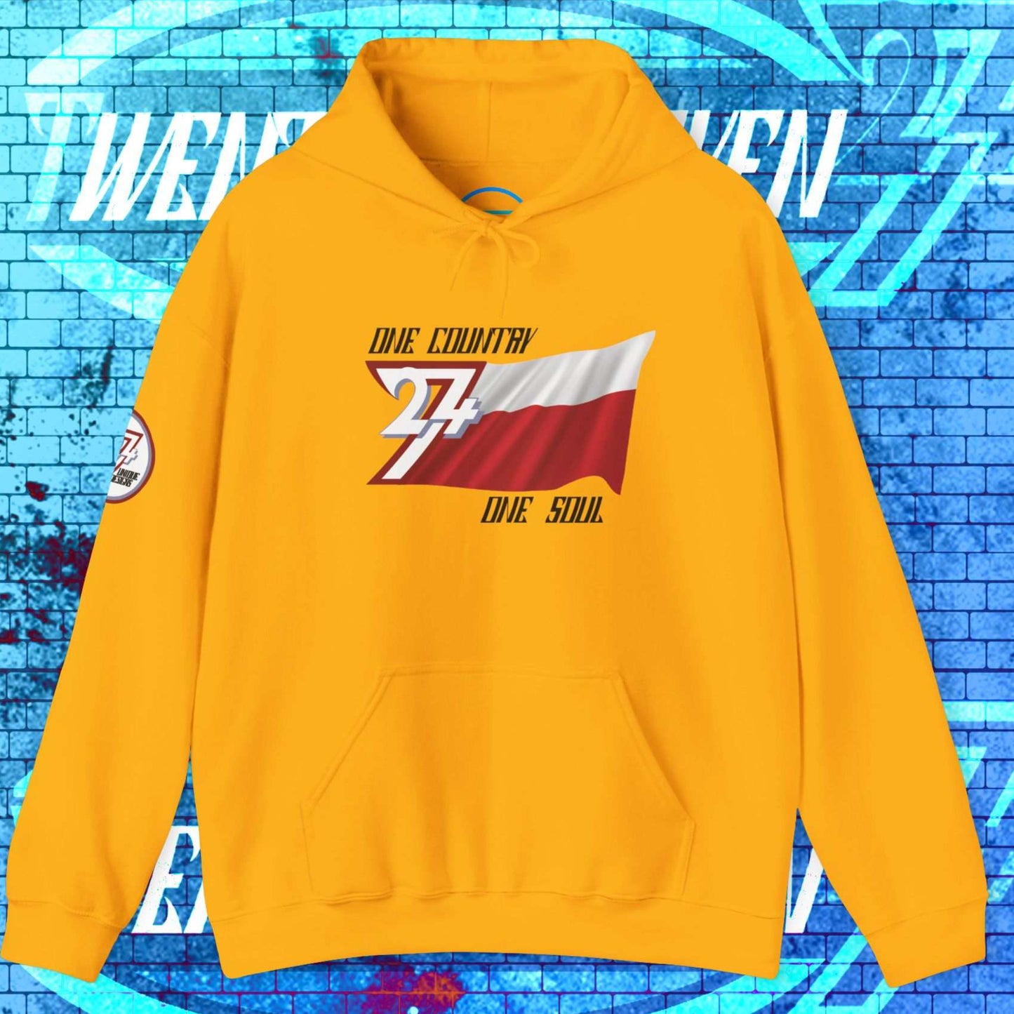 Front view of the Gold Polska flag hoodie featuring the refined artist-drawn design and motto.