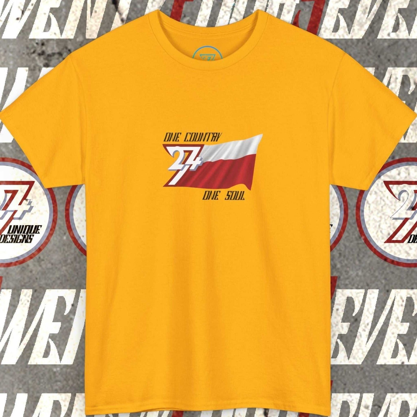 Front view of a gold graphic t-shirt featuring a digitally hand-drawn Poland flag design.