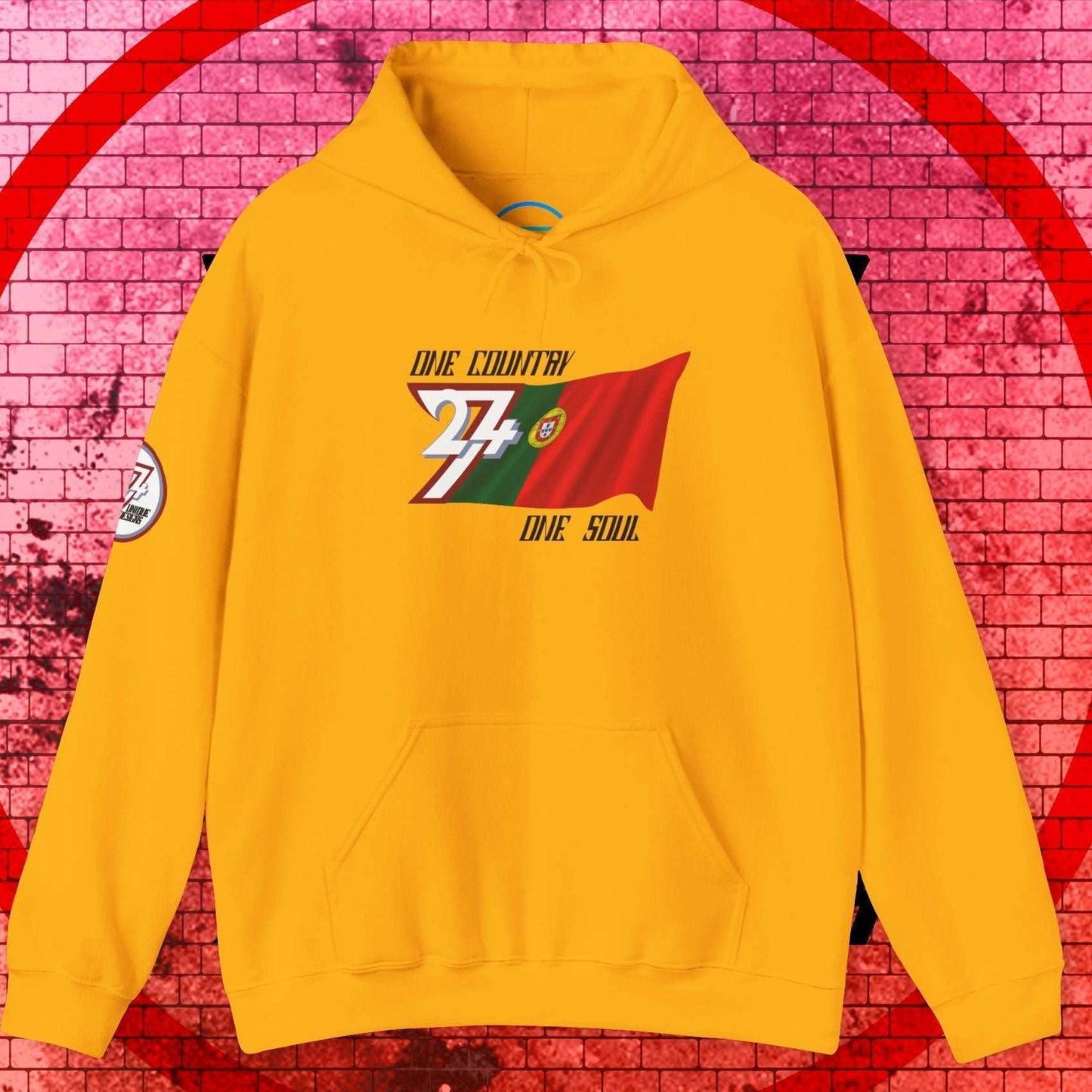 Front view of the Gold Portugal flag hoodie featuring the refined artist-drawn design and motto.