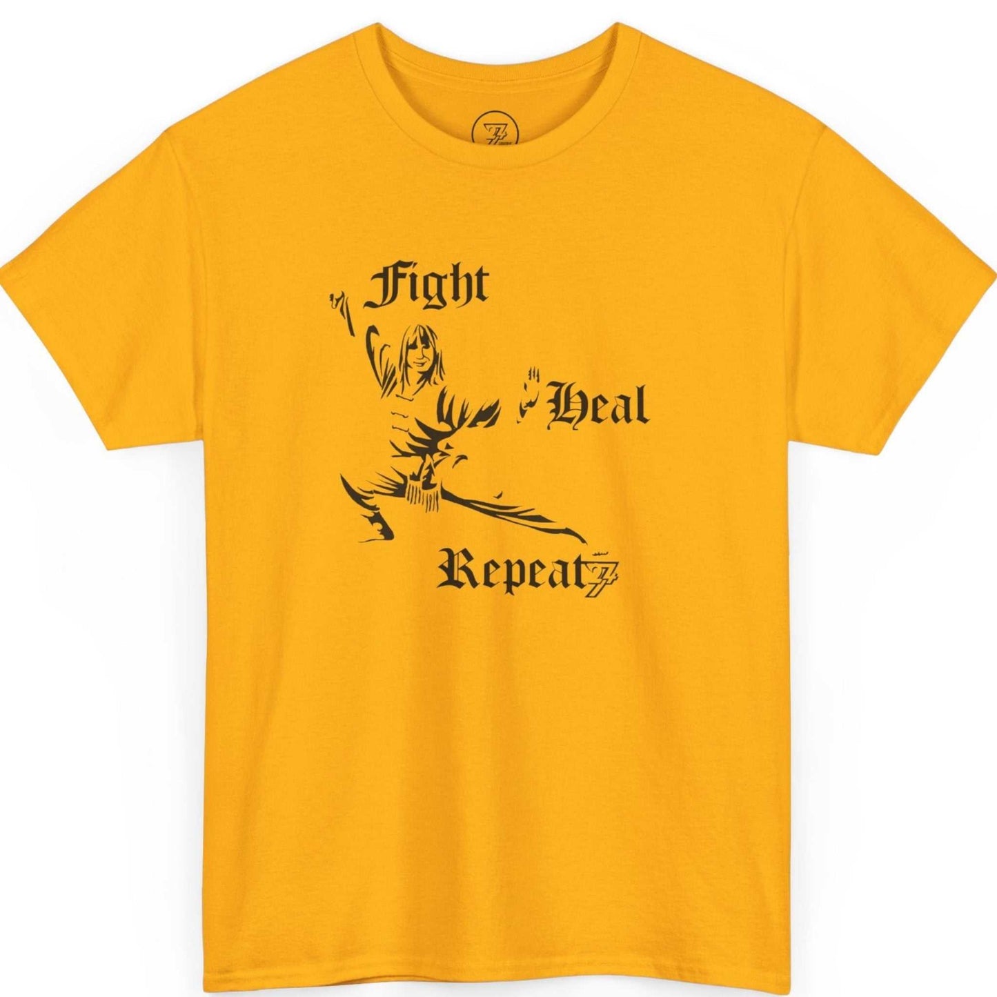 Front view of a bold gold retro combat sports gear shirt highlighting the elegant black ink martial arts graphic, shown on a clean background.