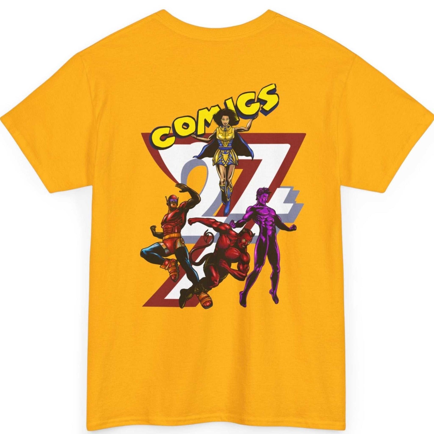 Back view of a gold retro comic art t-shirt showcasing the vibrant, hand-drawn superhero team graphic.