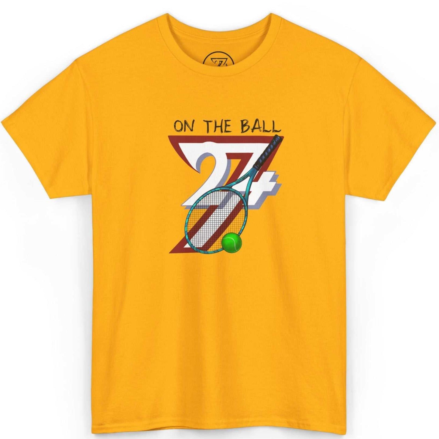 Front view of a vibrant gold retro sports t-shirt showcasing the original hand-drawn tennis racket design, laid flat on a clean background.