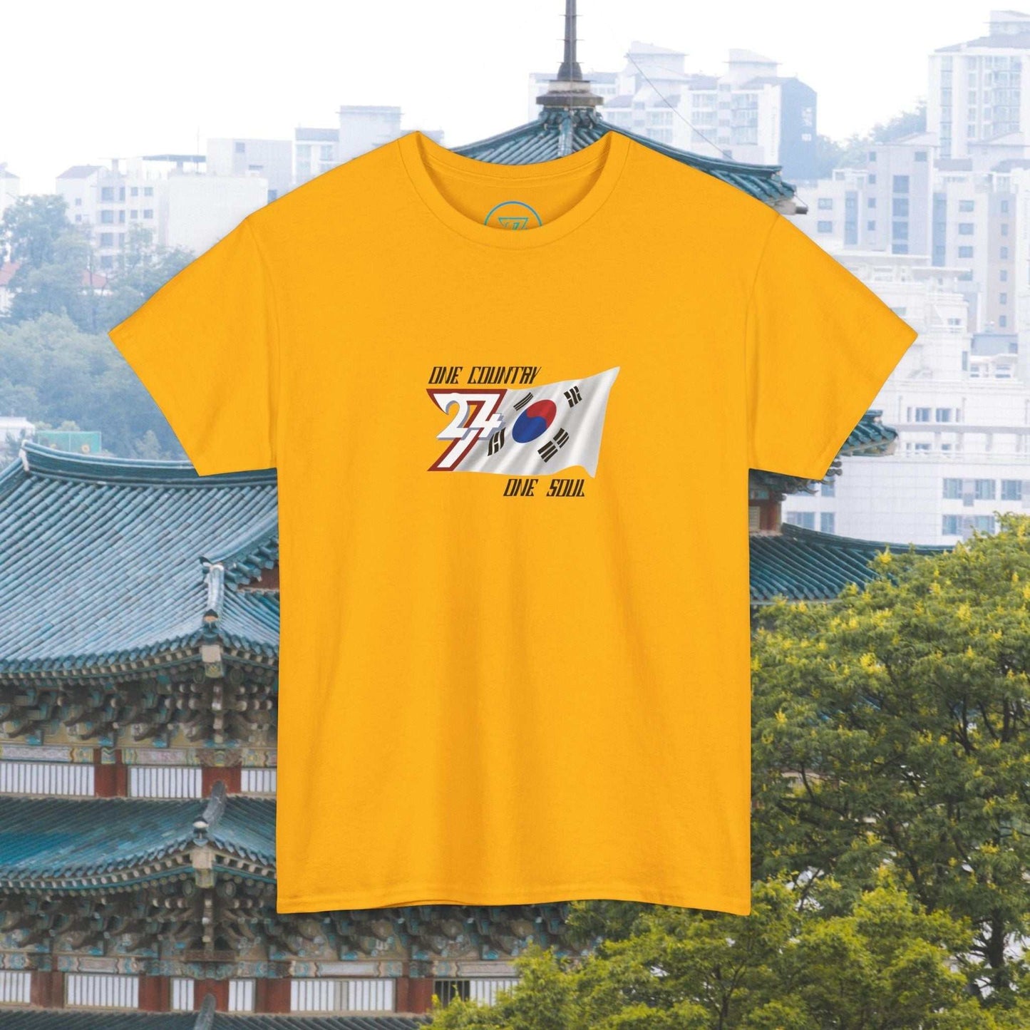 Yellow South Korea Flag Graphic Tee with hand-drawn Taegeukgi design and "One Country One Seoul" text.