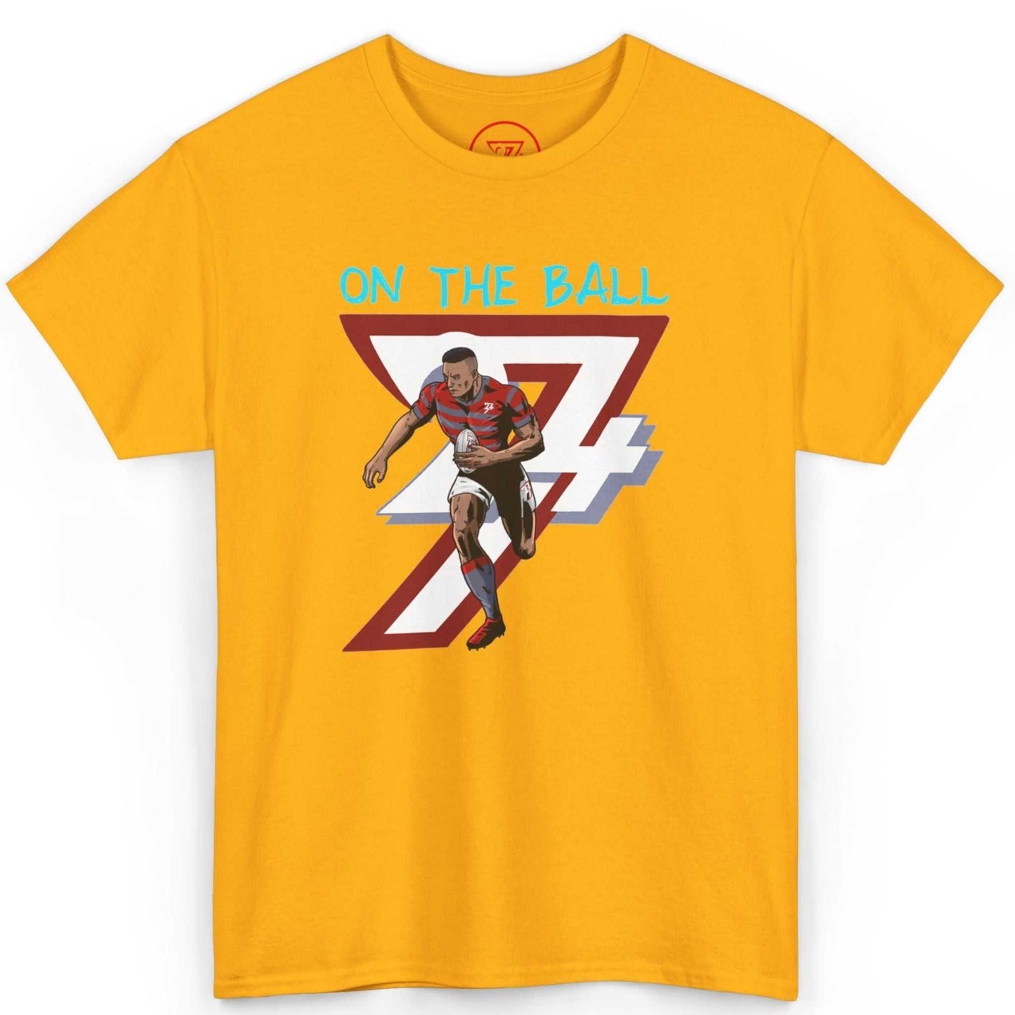 Front view of a bright gold sports graphic shirt showcasing the hand-drawn rugby artwork, laid flat on a clean background.
