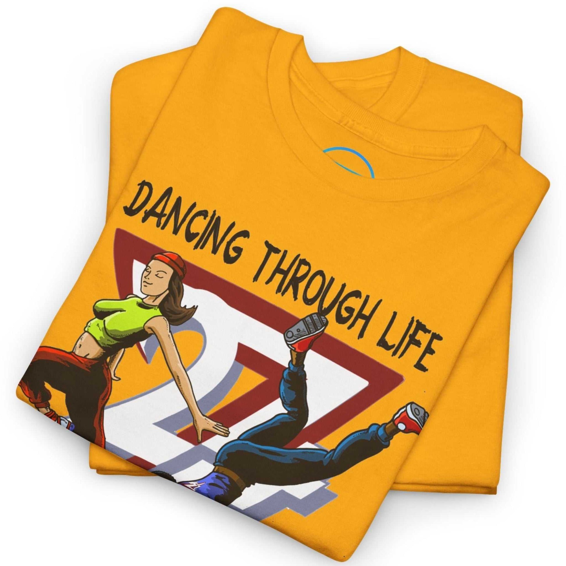 Neatly folded gold street dance group shirt highlighting the crisp comic-style front print and premium fabric, laid flat.