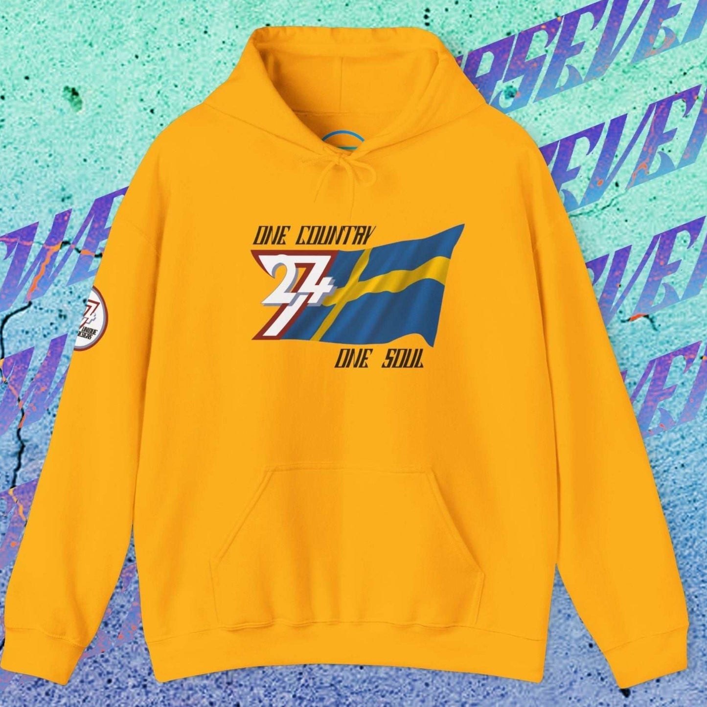 Front view of the Gold Sverige flag hoodie featuring the refined artist-drawn design and motto.