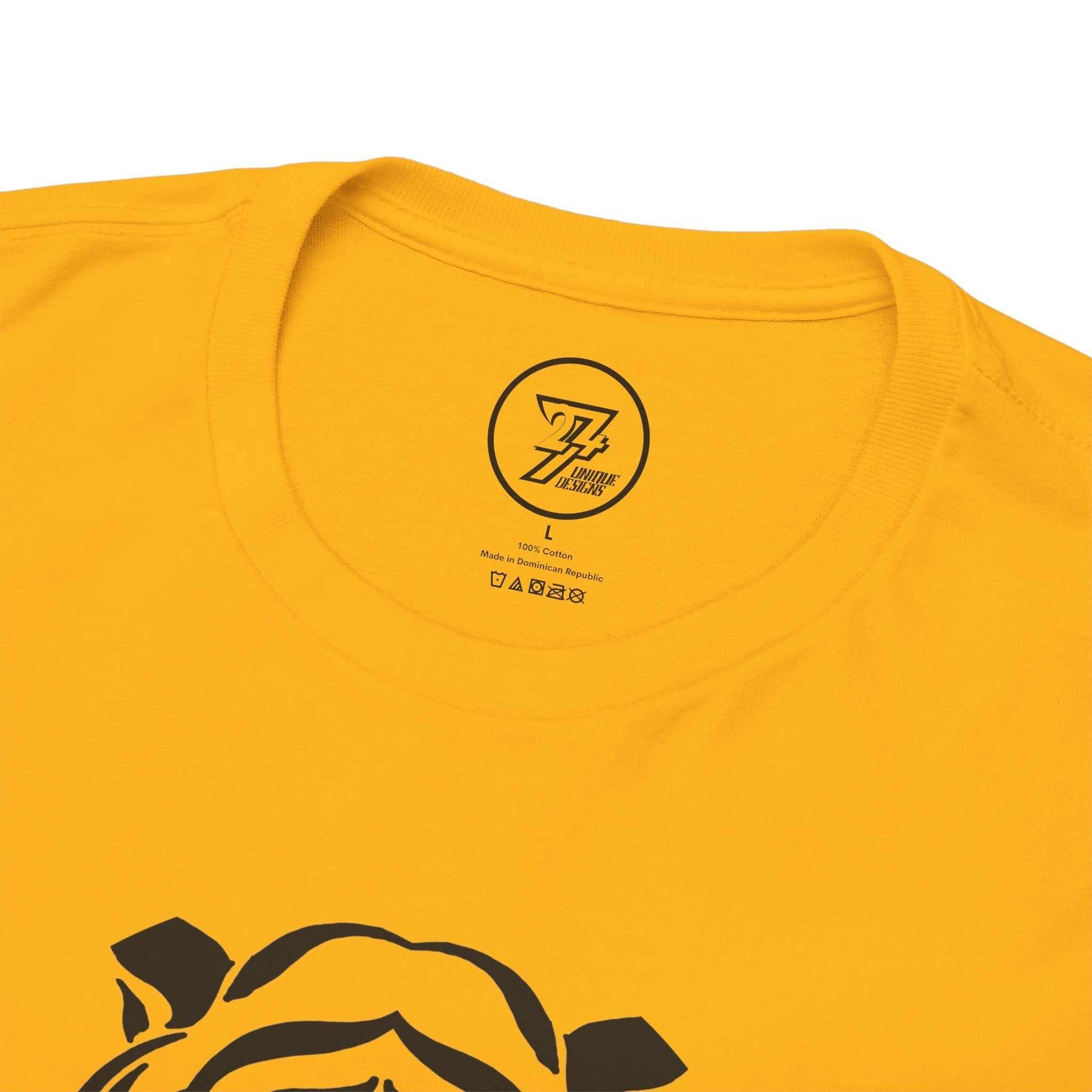 Yellow t-shirt with black graphic design and brand logo on a white background