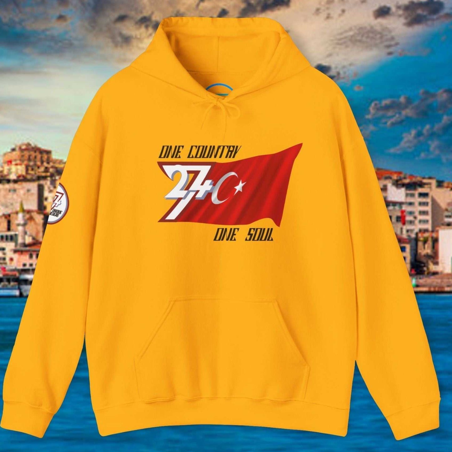 Front view of the Gold Türkiye flag hoodie featuring the refined artist-drawn design and motto.