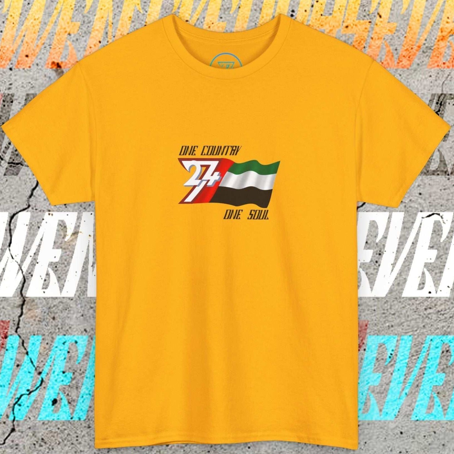 Premium Gold UAE flag graphic tee showing the refined hand-drawn design.