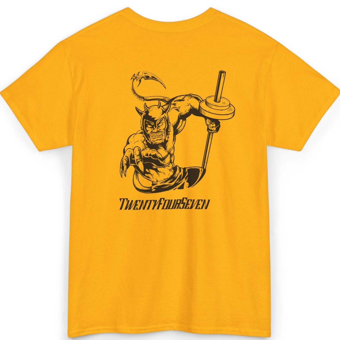Back view of a bold gold unisex bodybuilding graphic tee showcasing the striking monochrome fitness illustration, laid flat.