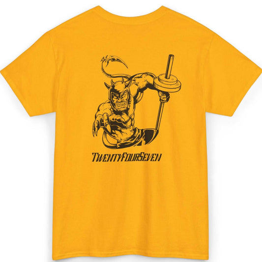 Back view of a bold gold unisex bodybuilding graphic tee showcasing the striking monochrome fitness illustration, laid flat.