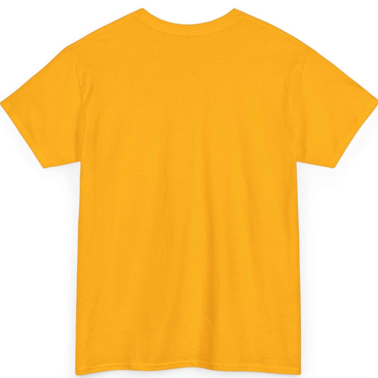 Back view of the gold urban streetwear comic art t-shirt, showing the clean, unprinted cotton tubular back canvas.