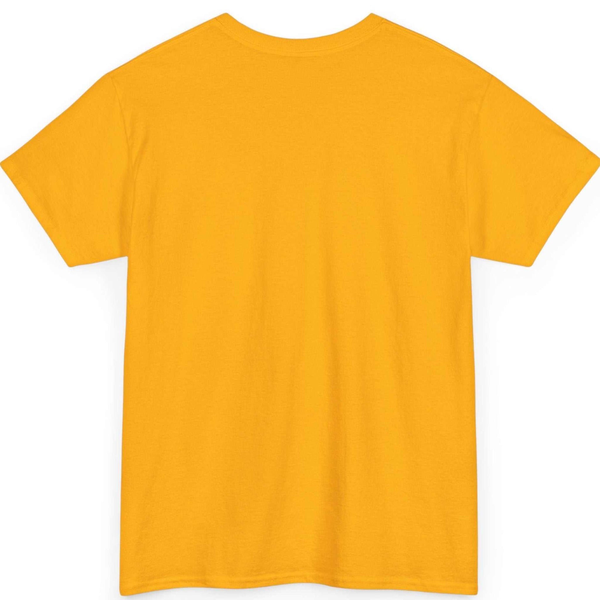 Back view of the gold urban streetwear comic art t-shirt, showing the clean, unprinted cotton tubular back canvas.